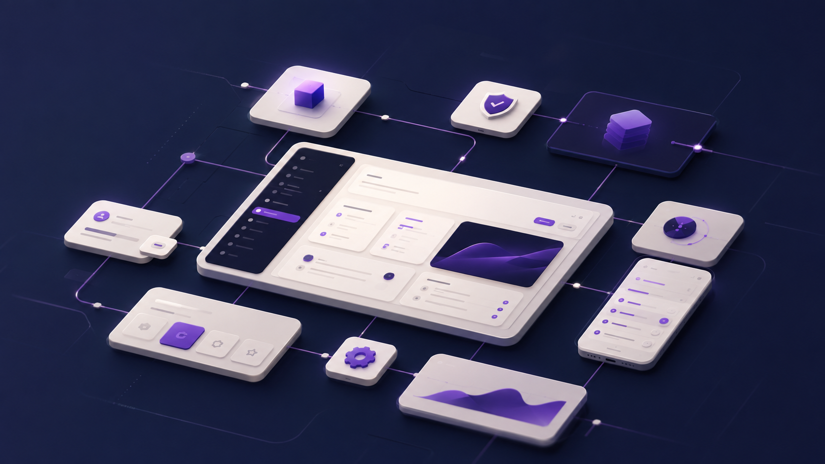 Interface abstraite d’un logiciel de gestion sur mesure avec modules connectés.