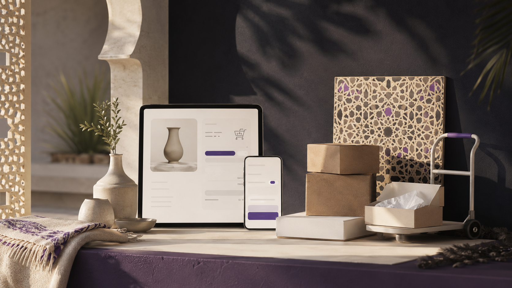 Composition e-commerce moderne avec produits, colis et parcours d’achat sur écran.